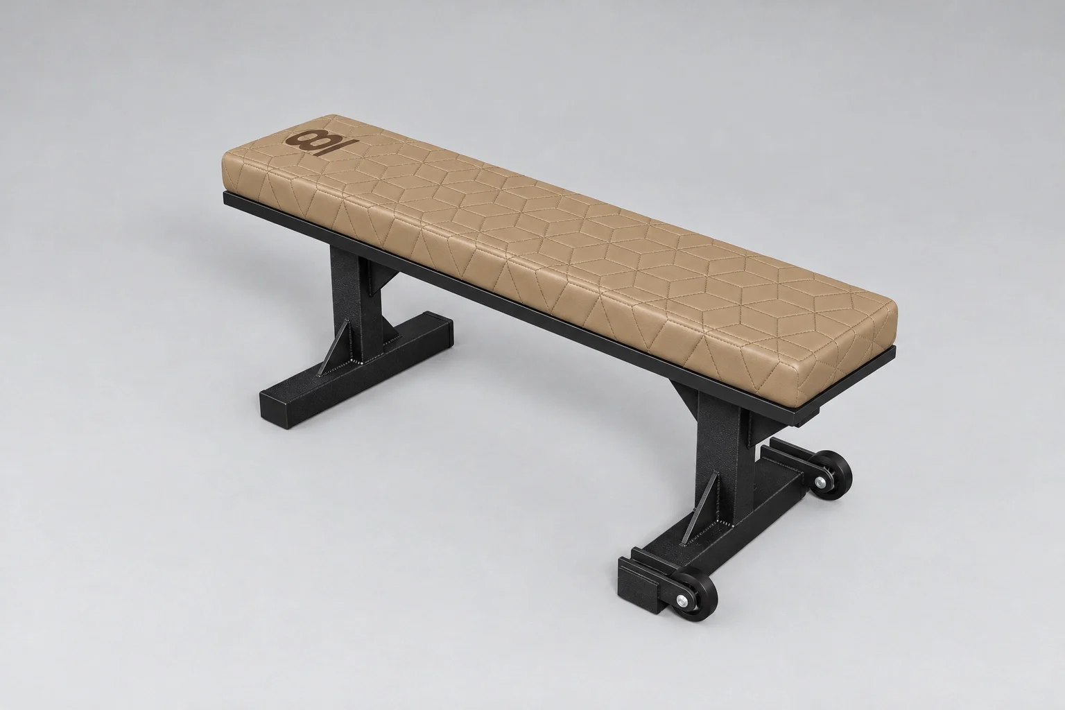 8 Seconds Iron flat bench with a tan geometric-quilted pad, branded 8 logo, black steel frame and rear transport wheels